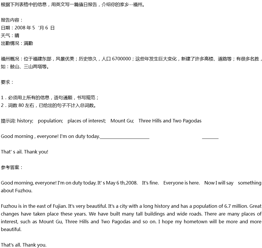 2020年中考英語滿分作文預(yù)測范文：值日報(bào)告